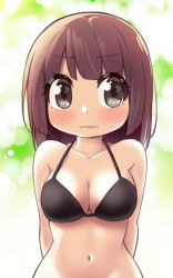 Rule 34 | 1girl, arms behind back, averting eyes, bikini, black bikini, blush, breasts, cleavage, collarbone, commentary request, green background, grey eyes, large breasts, light brown hair, long hair, looking to the side, miyako hito, navel, original, sideways glance, solo, stomach, sweatdrop, swimsuit, two-tone background, upper body, wavy mouth, white background