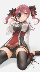 Rule 34 | 1girl, alternate costume, anchor, arrow through heart, black footwear, black ribbon, black skirt, black thighhighs, blouse, blush, bodystocking, boots, breasts, closed mouth, commentary, eyepatch, frills, gotou (nekocat), grey background, hair between eyes, hair ribbon, high-waist skirt, highres, hololive, houshou marine, leotard, leotard under clothes, long sleeves, looking at viewer, medium breasts, medium hair, miniskirt, nail polish, neck ribbon, one eye covered, panties, pleated skirt, red eyes, red hair, red nails, red panties, red ribbon, ribbon, see-through, see-through leotard, shirt, side-tie panties, signature, simple background, sitting, skin tight, skirt, solo, thighhighs, thighs, twintails, underwear, untied panties, virtual youtuber, wariza, white shirt