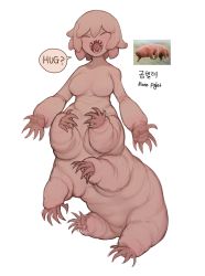 Rule 34 | 1girl, absurdres, colored skin, closed eyes, facing viewer, fangs, full body, highres, monster girl, multiple legs, open mouth, original, personification, pink hair, pink skin, short hair, simple background, sitting, sketch, solo, sparrowl, speech bubble, tardigrade, taur, white background