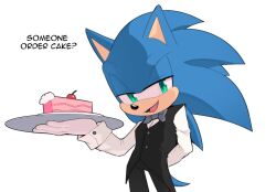 Rule 34 | 1boy, animal ears, animal nose, arm behind back, black pants, black vest, blue fur, bow, bowtie, buttons, cake, cherry, commentary, english commentary, english text, fang, fangs, food, fruit, furry, furry male, gloves, green eyes, grey bow, grey bowtie, half-closed eyes, hand up, hedgehog, hedgehog ears, hedgehog tail, highres, holding, holding tray, long sleeves, looking at viewer, male focus, open mouth, pants, pink gloves, shirt, simple background, smile, solo, sonic (series), sonic the hedgehog, speech bubble, standing, tail, tongue, toonsite, tray, vest, white background, white shirt
