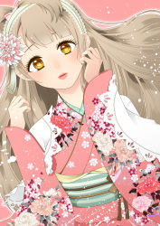 Rule 34 | 10s, 1girl, absurdres, bad id, bad pixiv id, blush, bow, brown hair, eyelashes, floral print, flower, hair bow, hair flower, hair ornament, hair ribbon, hairband, hand on own face, highres, japanese clothes, kimono, lips, lipstick, long hair, long sleeves, looking at viewer, love live!, love live! school idol festival, love live! school idol project, makeup, minami kotori, open mouth, pink background, ribbon, side ponytail, smile, solo, yellow eyes, yukata