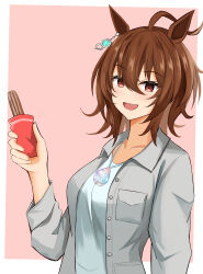 Rule 34 | 1girl, absurdres, agnes tachyon (umamusume), ahoge, alternate costume, animal ears, blush, border, breasts, brown hair, churro, collarbone, collared jacket, commentary request, earrings, food, grey jacket, hair between eyes, highres, holding, holding food, horse ears, horse girl, jacket, jewelry, light blush, long sleeves, medium breasts, messy hair, necklace, open clothes, open jacket, open mouth, outside border, pink background, red eyes, shirt, short hair, single earring, sky wing12, smile, solo, umamusume, upper body, white border, white shirt