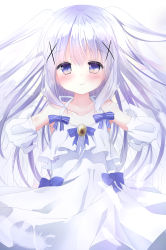Rule 34 | 1girl, alternate costume, alternate hairstyle, angel wings, armpit peek, bare shoulders, blue eyes, blue hair, blush, brooch, closed mouth, collarbone, commentary request, cowboy shot, dress, feathers, flat chest, foreshortening, gloves, gochuumon wa usagi desu ka?, hair ornament, hairclip, halter dress, halterneck, highres, jewelry, kafuu chino, kouda suzu, light blue hair, long hair, looking at viewer, outstretched arms, sidelocks, smile, solo, two side up, very long hair, white background, white dress, white gloves, white wings, wings, x hair ornament