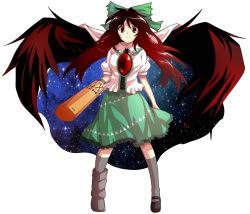 Rule 34 | 1girl, alphes (style), arm cannon, bad id, bad pixiv id, bow, brown eyes, brown hair, cape, dairi, female focus, full body, hair bow, long hair, looking at viewer, parody, reiuji utsuho, skirt, smile, solo, style parody, touhou, transparent background, weapon, wings