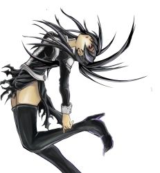 Rule 34 | 1girl, black hair, black thighhighs, d.gray-man, lenalee lee, long hair, mei-chan no shituzi, purple eyes, simple background, solo, thighhighs, torn clothes, white background