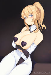Rule 34 | 1girl, arm under breasts, artist name, bad id, bad pixiv id, between legs, black gloves, blonde hair, blue eyes, blush, breasts, brown legwear, cleavage, closed mouth, collarbone, covered erect nipples, detached collar, detached sleeves, elbow gloves, frown, genshin impact, gloves, hand between legs, heart pasties, jean (genshin impact), koshio, large breasts, long hair, long sleeves, looking at viewer, pants, pasties, ponytail, sidelocks, sitting, solo, topless, white pants