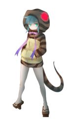 Rule 34 | 10s, 1girl, :&lt;, aqua hair, frown, full body, geta, green eyes, hands in pockets, hood, hood up, hoodie, ise (0425), kemono friends, legs apart, looking at viewer, neck ribbon, ribbon, simple background, snake tail, solo, standing, striped clothes, striped hoodie, tail, tengu-geta, tsuchinoko (kemono friends), v-shaped eyebrows, white background