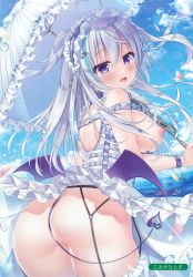 Rule 34 | 1girl, absurdres, ahoge, aqua hair, artist name, ass, bare shoulders, blue sky, blush, breasts, breasts out, chain, clothing cutout, cloud, cloudy sky, day, demon tail, demon wings, dress, fang, frilled thighhighs, frills, garter belt, garter straps, hair between eyes, heart cutout, highres, holding, holding umbrella, horizon, komiya hitoma, long hair, looking at viewer, looking back, maid headdress, medium breasts, melonbooks, multicolored hair, nipples, no panties, non-web source, ocean, open mouth, original, outdoors, petals, purple eyes, scan, sidelocks, silver hair, sky, smile, solo, standing, sunlight, tail, tail censor, thighhighs, thong, umbrella, water, white background, white thighhighs, wings