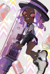 Rule 34 | 1girl, absurdres, black hat, black shirt, black shorts, boater hat, boots, can, collared shirt, colored tongue, commentary request, dark-skinned female, dark skin, dolphin shorts, drill hair, drink can, dynamo roller (splatoon), fangs, full body, grey background, hat, hat ribbon, highres, holding, holding weapon, long hair, long sleeves, nintendo, octoling, octoling girl, octoling player character, open mouth, pink eyes, polka dot, polka dot ribbon, purple hair, purple ribbon, purple tongue, ribbon, shima (shimmer 7y), shirt, shorts, solo, sparkle, splatoon (series), splatoon 3, suction cups, tentacle hair, twin drills, weapon, white footwear