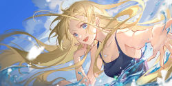 Rule 34 | 1girl, absurdres, bare arms, bare shoulders, blonde hair, blue eyes, blue one-piece swimsuit, breasts, cleavage, cloud, crow yayu, day, floating hair, highres, holding, holding hair, jewelry, kofune ushio, long hair, looking at viewer, necklace, one-piece swimsuit, open mouth, outdoors, outstretched arm, partially submerged, shell, shell necklace, smile, solo, summertime render, swimsuit, upper body, water