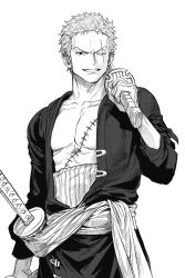 Rule 34 | 1boy, bandana, bandana around arm, bare pectorals, coat, cowboy shot, earrings, green hair, greyscale, haramaki, highres, holding, holding sword, holding weapon, jewelry, looking at viewer, male focus, monochrome, one eye closed, one piece, open clothes, over shoulder, pectorals, roronoa zoro, sash, scar, scar across eye, scar on chest, scar on face, short hair, sideburns, single earring, smile, solo, sword, sword over shoulder, toned, toned male, triple wielding, weapon, weapon over shoulder, yayarunaway
