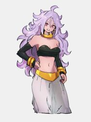 Rule 34 | 1girl, ahoge, android 21, black tube top, bracelet, breasts, detached sleeves, dragon ball, dragon ball fighterz, gold, grey background, grin, hand on own hip, jewelry, kemachiku, light purple hair, long hair, looking at viewer, majin android 21, medium breasts, messy hair, navel, pants, pink hair, red eyes, simple background, smile, solo, strapless, tube top, white pants