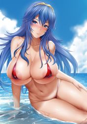 Rule 34 | 1girl, alternate breast size, areola slip, beach, bikini, blue hair, blush, breasts, bursting breasts, cleavage, curvy, fire emblem, hairband, highres, huge breasts, janong, large areolae, long hair, looking at viewer, lucina (fire emblem), micro bikini, navel, nintendo, ocean, outdoors, pinup (style), red bikini, skindentation, solo, swimsuit, thick thighs, thighs, very long hair, water, wet, wide hips
