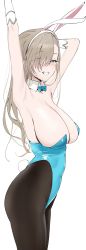 Rule 34 | 1girl, animal ears, armpits, arms up, asuna (blue archive), asuna (bunny) (blue archive), bare shoulders, black pantyhose, blue archive, blue leotard, bow, bowtie, breasts, cleavage, detached collar, fake animal ears, gloves, hair over one eye, highres, knatb, large breasts, leotard, light brown hair, mole, mole on breast, one eye closed, pantyhose, playboy bunny, rabbit ears, smile, standing, strapless, strapless leotard, traditional bowtie, white gloves