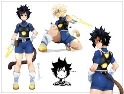 Rule 34 | ..., 1girl, aka nobodyy, angry, armor, ass, battle damage, black eyes, black hair, blonde hair, blue eyes, boots, character sheet, clenched teeth, dragon ball, energy blade, expressionless, from behind, full body, gloves, hand on own hip, highres, monkey tail, multiple views, original, saiyan, short hair, skin tight, spiked hair, standing, super saiyan, tail, teeth, torn clothes, white footwear, white gloves