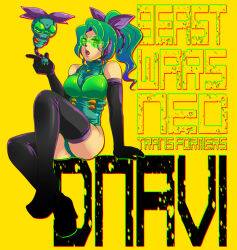 Rule 34 | 1girl, ass, beast wars, beast wars: transformers, black gloves, black thighhighs, bow, breasts, character name, copyright name, devil navi, elbow gloves, gloves, green hair, headset, large breasts, long hair, mecha musume, open mouth, personification, ponytail, purple bow, sitting, thighhighs, transformers, yellow background, yoshino online