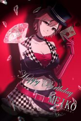 Rule 34 | 1girl, absurdres, arm under breasts, artist name, asymmetrical gloves, bare shoulders, belt, between fingers, black choker, black gloves, black hat, black skirt, breasts, brown eyes, brown hair, character name, checkered clothes, checkered skirt, choker, chromatic aberration, cleavage, closed mouth, cropped jacket, dated, diamond (gemstone), elbow gloves, envelope, flower, frilled skirt, frills, glass shards, gloves, happy birthday, hat, highres, holding, holding envelope, lapels, layered skirt, lipstick mark, looking at viewer, medium breasts, meiko (vocaloid), midriff, mini hat, mini top hat, mismatched gloves, navel, notched lapels, parang 99, piano x forte x scandal (vocaloid), project diva (series), red background, red belt, red flower, red gloves, red rose, red tube top, rose, short hair, signature, simple background, skirt, sleeveless, sleeveless jacket, smile, solo, strapless, striped clothes, striped gloves, thighhighs, top hat, tube top, vertical-striped clothes, vertical-striped gloves, vignetting, vocaloid