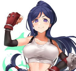 Rule 34 | 10s, 1girl, :&gt;, armor, blue hair, breasts, cosplay, detached sleeves, dolphin, earrings, elbow pads, emblem, final fantasy, final fantasy vii, fingerless gloves, gloves, jewelry, jyon, large breasts, long hair, looking at viewer, love live!, love live! sunshine!!, matsuura kanan, ponytail, purple eyes, simple background, solo, suspenders, tank top, tifa lockhart, tifa lockhart (cosplay), upper body, white background