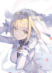Rule 34 | 1girl, blonde hair, bridal veil, fate/extra, fate/extra ccc, fate/grand order, fate (series), flower, gloves, green eyes, hair flower, hair intakes, hair ornament, lace trim, looking at viewer, nero claudius (bride) (fate), nero claudius (fate), nero claudius (fate) (all), padlock, padlocked collar, petals, ritsuki, smile, solo, veil, white gloves, wind
