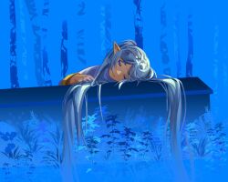 Rule 34 | 1girl, annahy, blue hair, blue theme, closed eyes, closed mouth, coffin, commentary, forest, frieren, highres, long hair, long sleeves, nature, outdoors, plant, pointy ears, sleeping, solo, sousou no frieren, twintails