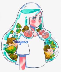 Rule 34 | 1girl, artist name, cropped torso, expressionless, flower, leaf, liquid, long hair, meyoco, original, painting (medium), pink eyes, pink flower, shirt, short sleeves, simple background, solo, traditional media, transparent, upper body, watercolor (medium), watermark, white background, white shirt