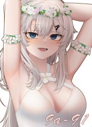 Rule 34 | 1girl, 9a-91 (girls&#039; frontline), alternate costume, armpits, arms behind head, blue eyes, blush, breasts, character name, cleavage, dress, flower, flower braid, girls&#039; frontline, hair flower, hair ornament, hairclip, highres, long hair, looking at viewer, medium breasts, open mouth, paaam, platinum blonde hair, silver hair, solo, upper body, white background, white dress, you gonna get raped