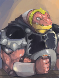 Rule 34 | armor, bad id, bad pixiv id, beige background, black eyes, breastplate, closed mouth, colored skin, commentary, crocodine, dragon quest, dragon quest dai no daibouken, holding, kiryu (pixiv3405394), looking at viewer, male focus, monster, muscular, one eye closed, pink skin, scar, sharp teeth, solo, teeth, upper body