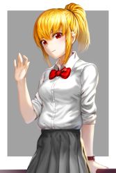 Rule 34 | 1girl, bad id, bad pixiv id, blonde hair, blush, bow, bowtie, breasts, hand up, kfr, light smile, long hair, original, ponytail, red eyes, school uniform, skirt, solo