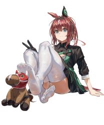Rule 34 | 1girl, absurdres, animal ears, arm support, asama (drift in), black coat, black gloves, brown hair, closed mouth, coat, full body, gloves, hairband, highres, horse ears, horse girl, horse tail, knees up, long sleeves, looking at viewer, loves only you (racehorse), medium hair, no shoes, original, panties, personification, ponytail, simple background, single glove, sitting, smile, solo, stuffed animal, stuffed horse, stuffed toy, tail, thighhighs, umamusume, underwear, v, white background, white panties, white thighhighs