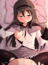 Rule 34 | 1girl, akemi homura, artist name, bed sheet, black hair, black hairband, black pantyhose, blush, breasts, grey skirt, hair between eyes, hairband, heart, heart-shaped pupils, highres, looking at viewer, lying, magical girl, mahou shoujo madoka magica, medium breasts, neck ribbon, nipples, on back, one breast out, open mouth, out-of-frame censoring, pantyhose, pillow, purple eyes, purple ribbon, ribbon, shirt, skirt, solo, spread legs, symbol-shaped pupils, torn clothes, torn pantyhose, unsfrau, white shirt