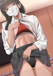 Rule 34 | 1girl, absurdres, black hair, blunt bangs, blurry, blurry background, brown eyes, buruma, buruma under skirt, clothes lift, collared shirt, commentary request, covered mouth, depth of field, highres, indoors, lifted by self, long hair, looking at viewer, mask, midriff, mouth mask, navel, original, panties, pleated skirt, ramanda, shirt, shirt lift, skirt, skirt lift, solo, sports bra, sports panties, sportswear, surgical mask, tan, tanline, track uniform, underwear, white shirt