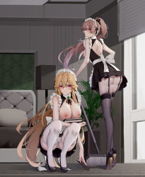 Rule 34 | 2girls, absurdres, alternate costume, apron, ass, azur lane, back cutout, backless outfit, bare arms, bare back, bed, black bow, black dress, black footwear, black ribbon, black skirt, black thighhighs, window blinds, blonde hair, blush, book, bow, breasts, breasts out, broom, cameltoe, chinese commentary, cleavage, closed mouth, clothing cutout, collar, couch, door, dress, enmaided, expressionless, floating hair, frilled apron, frilled hairband, frilled skirt, frills, full body, garter straps, gem, green gemstone, hair between eyes, hair bow, hair flaps, hair ribbon, hairband, high heels, highres, holding, holding book, indoors, jean bart (azur lane), lace, lace-trimmed legwear, lace trim, large breasts, leaning forward, legs, light smile, long hair, looking at viewer, looking back, maid, maid apron, maid headdress, median furrow, multiple girls, nipples, panties, pantyshot, ponytail, pumps, red eyes, ribbon, richelieu (azur lane), short dress, shoulder blades, sidelocks, skirt, sleeveless, sleeveless dress, spread legs, squatting, standing, thighhighs, thighs, two-tone footwear, underwear, very long hair, waist apron, white apron, white bow, white collar, white panties, white thighhighs, wsfw