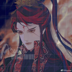 Rule 34 | 1boy, artist name, asuuta, barcode, black robe, chinese clothes, chinese commentary, closed mouth, collared vest, commentary request, crown, expressionless, eyelashes, facial mark, fiery background, fire, floral print, forehead mark, gold crown, hanfu, high collar, high ponytail, highres, long hair, looking ahead, male focus, open clothes, open vest, original, red eyes, red hair, red lips, red vest, robe, sample watermark, solo, thick eyebrows, upper body, vest, watermark, weibo watermark