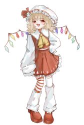 Rule 34 | 1girl, :d, adapted costume, ascot, blonde hair, crystal, fang, flandre scarlet, full body, hand on own hip, hat, highres, long sleeves, looking at viewer, medium hair, mob cap, open mouth, pigeon-toed, red eyes, red skirt, ribbon, shoes, skirt, sleeves past fingers, sleeves past wrists, smile, solo, touhou, wings, wwparasi