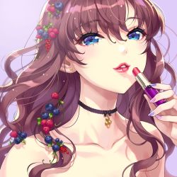 Rule 34 | 1girl, bare shoulders, black bow, blue eyes, blueberry, blush, bow, bow choker, brown hair, choker, collarbone, cosmetics, ear piercing, food, fruit, gradient background, hair between eyes, hair fruit, highres, holding, holding lipstick tube, ichinose shiki, idolmaster, idolmaster cinderella girls, lipstick, lipstick tube, long hair, looking at viewer, makeup, multicolored nails, nail polish, nishimura eri, parted lips, piercing, plant, raspberry, smile, solo, upper body, vines