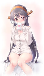 Rule 34 | 10s, 1girl, alternate costume, bed, bed sheet, black hair, blush, brown eyes, cup, hair ornament, hairband, hairclip, haruna (kancolle), headgear, highres, kantai collection, kuzu ken, long hair, looking at viewer, solo, sweater, thighs, white sweater