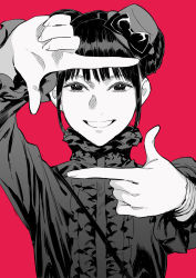 Rule 34 | 1girl, black eyes, black hair, center frills, double bun, finger frame, frills, greyscale, greyscale with colored background, grin, hair bun, highres, looking at viewer, monochrome, multiple monochrome, original, red background, red theme, sidelocks, simple background, sketch, smile, solo, takuan (takuanlunch), upper body