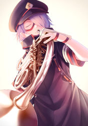 Rule 34 | 1boy, artist name, black hat, boku no hero academia, chikuwa savy, closed eyes, closed mouth, commentary request, cowboy shot, french horn, glint, gloves, hair over one eye, hat, highres, holding, holding instrument, instrument, male focus, music, peaked cap, playing instrument, purple hair, shishikura seiji, short hair, short sleeves, simple background, smile, solo, white background, white gloves