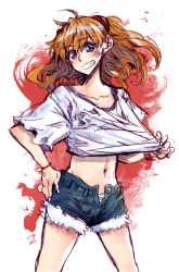 Rule 34 | 1girl, :d, blue eyes, clothes pull, denim, gradient background, hand on own hip, jeans, navel, neon genesis evangelion, open mouth, orange hair, panties, pants, shirt pull, smile, solo, souryuu asuka langley, striped clothes, striped panties, takanashi ringo, underwear