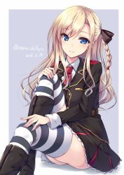 Rule 34 | 10s, 1girl, 2016, bad id, bad twitter id, belt, black footwear, blonde hair, blue eyes, blush, boots, braid, dated, eyebrows, grey background, hair between eyes, hand on own knee, hand on own thigh, high school fleet, knee boots, long hair, looking at viewer, military, military uniform, necktie, no panties, sena chifuyu, simple background, single braid, sitting, smile, solo, striped clothes, striped thighhighs, tareme, thighhighs, twitter username, uniform, wilhelmina braunschweig ingenohl friedeburg