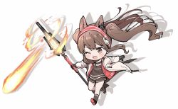 Rule 34 | 1girl, angelina (arknights), animal ears, arknights, black gloves, black socks, blush, brown eyes, brown hair, chibi, coat, fireball, fox ears, fox girl, gloves, hairband, holding, holding staff, infection monitor (arknights), kneehighs, long hair, moboj13, one eye closed, open mouth, red hairband, sidelocks, simple background, socks, solo, staff, twintails, white background, white coat