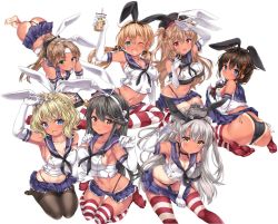 Rule 34 | 6+girls, :d, ;d, ahoge, akigumo (kancolle), amatsukaze (kancolle), anchor hair ornament, animal ears, aqua eyes, arm support, armpits, arms up, ass, bad id, bad twitter id, bare legs, barefoot, beret, black choker, black hair, black headwear, black legwear, black neckwear, black panties, blonde hair, blue eyes, blush, bow, braid, breasts, brown eyes, brown hair, capelet, choker, cleavage, clothes pull, colorado (kancolle), cosplay, cowboy shot, crop top, crying, crying with eyes open, cup, elbow gloves, fake animal ears, french braid, full body, gloves, gold, gradient hair, green eyes, groin, hair bow, hair flaps, hair ornament, hair over shoulder, hair ribbon, hair tubes, hairband, hand on own chest, hand up, haruna (kancolle), hat, heterochromia, highleg, highleg panties, holding, holding cup, jewelry, kantai collection, large breasts, long hair, looking at viewer, looking back, lying, medium breasts, microskirt, mole, mole under eye, multicolored hair, multiple girls, murasame (kancolle), navel, neckerchief, necktie, nijimoto hirok, on stomach, one eye closed, open mouth, panties, pantyhose, pantyhose pull, parted lips, pleated skirt, ponytail, prinz eugen (kancolle), rabbit ears, red eyes, remodel (kantai collection), ribbon, ring, sailor collar, salute, school uniform, seiza, serafuku, shigure (kancolle), shimakaze (kancolle), shimakaze (kancolle) (cosplay), short hair, sidelocks, silver hair, simple background, single braid, sitting, skindentation, skirt, skirt pull, sleeveless, small breasts, smile, soles, star (symbol), striped clothes, striped legwear, striped thighhighs, sweat, sweatdrop, tablet pc, tan, tanline, tearing up, tears, thighband pantyhose, thighhighs, toes, twintails, two side up, underwear, wariza, wedding band, white background, white gloves, white hairband, white ribbon, yokozuwari