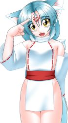 Rule 34 | animal ears, delica, detached sleeves, flat chest, highres, japanese clothes, long hair, miko, solo, tail, white hair, yellow eyes