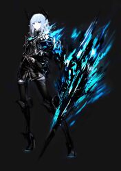 Rule 34 | 1girl, arm at side, armor, black background, black horns, black shirt, black shorts, black thighhighs, blade arm, blue eyes, blue fire, blue footwear, breastplate, closed mouth, colored skin, dot mouth, expressionless, fire, glowing, glowing weapon, hair between eyes, high heels, highres, holding, holding polearm, holding weapon, horns, long hair, long sleeves, looking at viewer, neon trim, original, pointy ears, polearm, shirt, shorts, sidelocks, simple background, solo, spear, thighhighs, tuda6, weapon, white hair, white skin