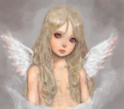 Rule 34 | 1girl, angel, angel wings, bad id, bad pixiv id, blonde hair, child, long hair, nude, ponsuke (pon00000), solo, wings