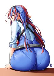 Rule 34 | 1girl, alear (female) (divine attire) (fire emblem), alear (female) (fire emblem), alear (fire emblem), ass, ass focus, automatic giraffe, back, blue hair, close-up, fire emblem, fire emblem engage, from behind, highres, huge ass, long hair, looking at viewer, looking back, multicolored hair, nintendo, official alternate costume, pantylines, red eyes, red hair, solo, split-color hair, tiara, tight clothes, two-tone hair, very long hair