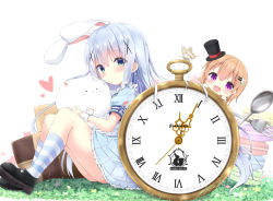 Rule 34 | 2girls, :d, angora rabbit, animal, apron, black footwear, black hat, blue eyes, blue hair, blue shirt, blue skirt, blush, brown hair, checkerboard cookie, chibi, closed mouth, commentary request, cookie, food, fork, gochuumon wa usagi desu ka?, grass, hair between eyes, hair ornament, hairclip, hat, heart, hoto cocoa, kafuu chino, kneehighs, kouda suzu, long hair, looking at viewer, looking to the side, macaron, mary janes, mini hat, mini top hat, multiple girls, on grass, open mouth, pleated skirt, pocket watch, puffy short sleeves, puffy sleeves, purple eyes, rabbit, roman numeral, shirt, shoes, short sleeves, sitting, skirt, smile, socks, spoon, striped clothes, striped legwear, striped socks, top hat, very long hair, waist apron, watch, white apron, white background, wrist cuffs