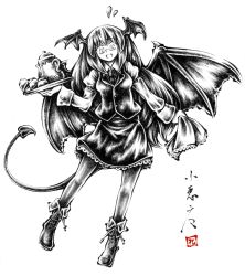 Rule 34 | 1girl, :d, bat wings, breasts, buttons, demon tail, fang, female focus, frills, greyscale, head wings, koakuma, link163353, long hair, monochrome, necktie, open mouth, pantyhose, simple background, smile, solo, tail, touhou, white background, wings