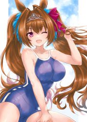 Rule 34 | 1girl, :d, animal ears, bare shoulders, blue sky, border, bow, breasts, brown hair, cloud, collarbone, commentary request, daiwa scarlet (umamusume), fang, female focus, hair bow, highres, horse ears, horse girl, large breasts, long hair, one-piece swimsuit, one eye closed, open mouth, purple eyes, purple one-piece swimsuit, red bow, school swimsuit, sky, smile, solo, swimsuit, tiara, twintails, umamusume, very long hair, white border, yano takumi