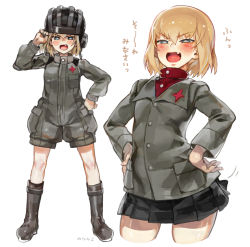 Rule 34 | &gt;:d, 10s, 1girl, :d, ankle boots, black skirt, blonde hair, blue eyes, blush, boots, brown footwear, eyebrows, fang, girls und panzer, hair between eyes, hand on own hip, hands on own hips, helmet, highres, katyusha (girls und panzer), looking at viewer, military, military uniform, motion lines, multiple views, norinco, open mouth, red shirt, school uniform, shirt, simple background, skirt, smile, standing, tank helmet, translation request, turtleneck, uniform, v-shaped eyebrows, white background